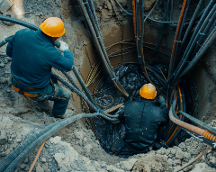 Two men in work jumpsuits working on buried cable