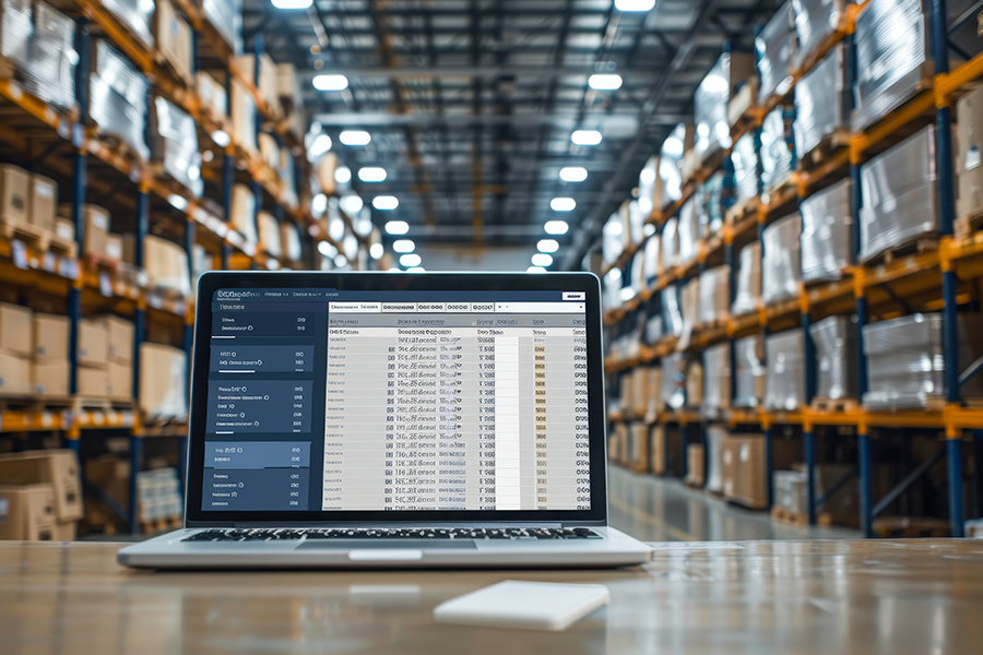 A laptop displaying data in a warehouse