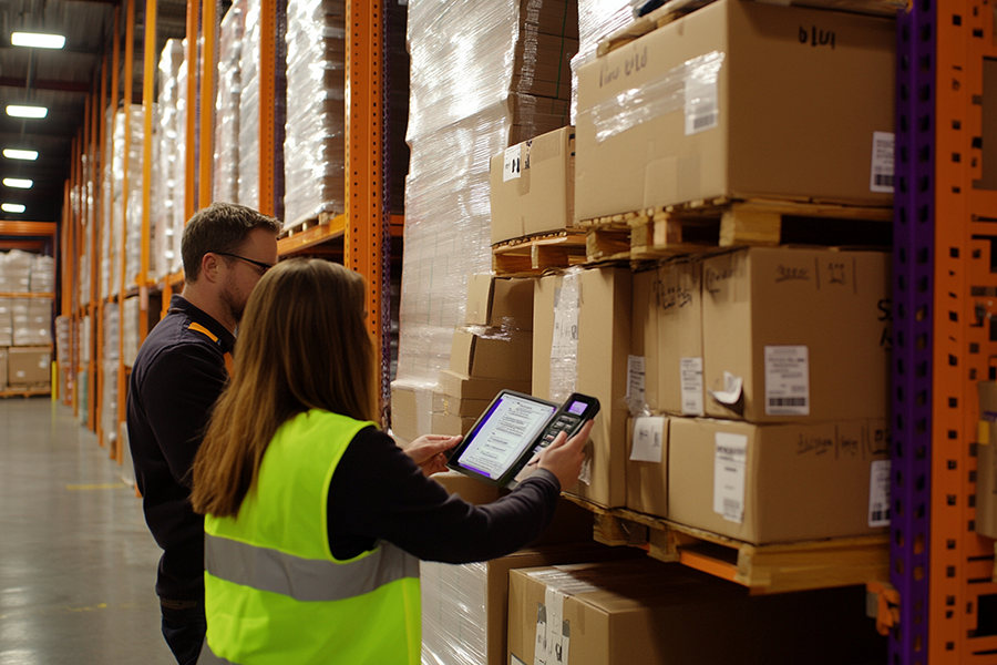 Man wearing a safety vest holding a walkie talkie and a clipboard in a warehouse