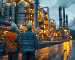 Two men wearing safety gear standing in front of a petrol plant